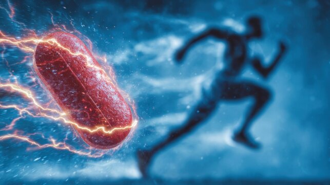 Red capsule with electric lightning effect in foreground and blurred silhouette of running male athlete in background, concept of energy boost, sports supplements and performance enhancement.