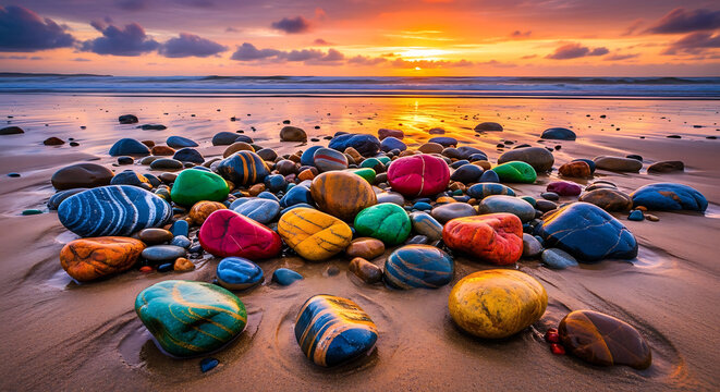 Vibrant, smooth pebbles in a variety of colors scattered on a wet sandy beach at sunset with ocean waves in the background and a colorful sky