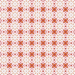 Fototapeta premium Seamless geometric pattern with terracotta and peach floral motifs on a clean white background, ideal for textile design or digital wallpaper.