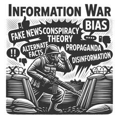 soldier in a trench, surrounded by words like fake news, bias, and conspiracy theories sketch engraving generative ai fictional character raster illustration. Scratch board. Black and white image.