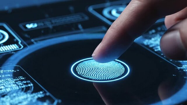 Fingerprint scanning and biometric authentication concept on a futuristic touchscreen device