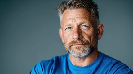 Obraz premium A rugged and confident middle-aged man with a beard is captured against a soft blue backdrop, showcasing his striking blue eyes and serious expression that exudes strength.