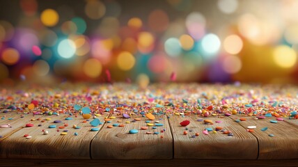 Obraz premium Colorful festive sprinkles scattered on a rustic wooden table surface with vibrant bokeh lights for celebration and party concepts.