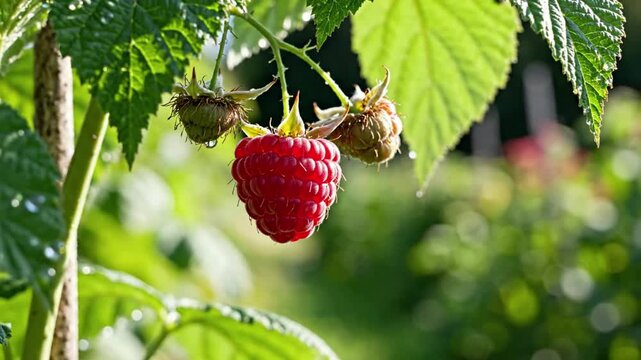 Ripe red raspberry hanging from a bush in a sunny garden.