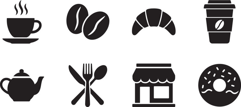 Cafe black vector icon set collection isolated on white background style.