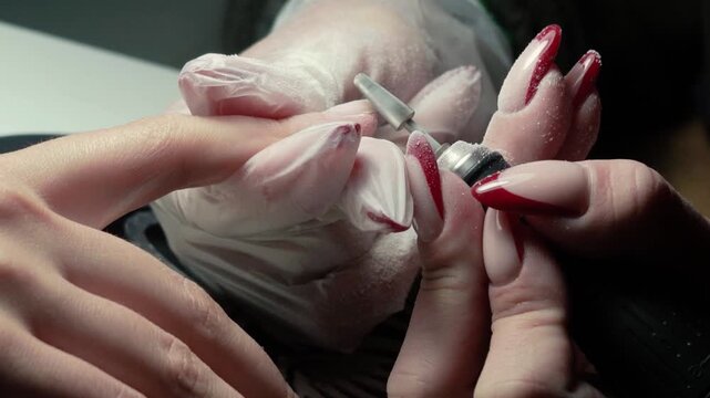 beauty master manicurist doing nails to a beautiful young girl in a beauty salon, female beauty and self-care, with her hands and fingers. Close up of handyman tools