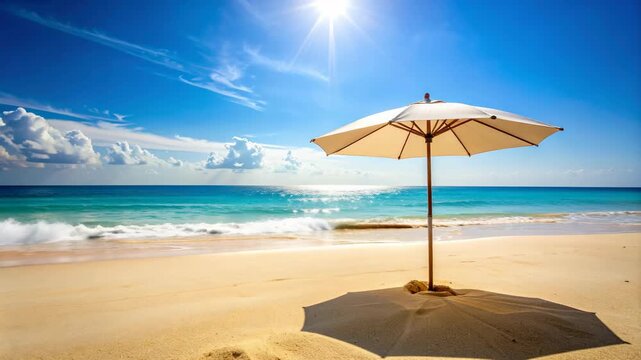 Sunlit Beach with Umbrella and Gentle Waves under Blue Sky