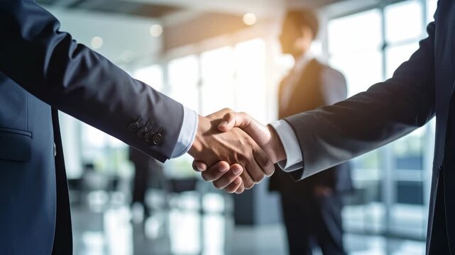 Two businessmen in suits shaking hands in a modern office with sunlight streaming through windows.
