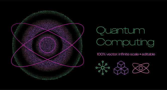 Vibrant dotted quantum sphere with pink-purple rings orbiting a central core in green hues on black, flanked by molecule, cube, and atom icons. Conceptual vector illustration for quantum computing.