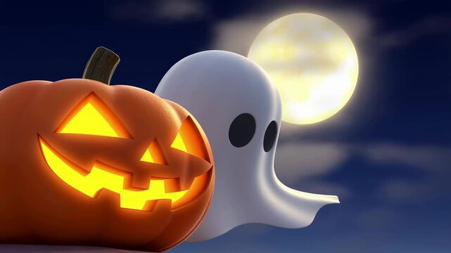 Halloween-themed animation featuring a glowing jack-o'-lantern and a friendly ghost under a full moon. Celebrating the spooky season with festive decorations