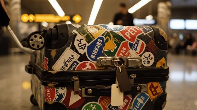 Luggage with stickers in an airport or train station environment, traveling concept
