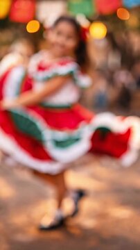 Little girl in traditional Mexican dress dancing at a colorful outdoor festival, joyful performance, cultural pride, festive celebration, Cinco de Mayo.