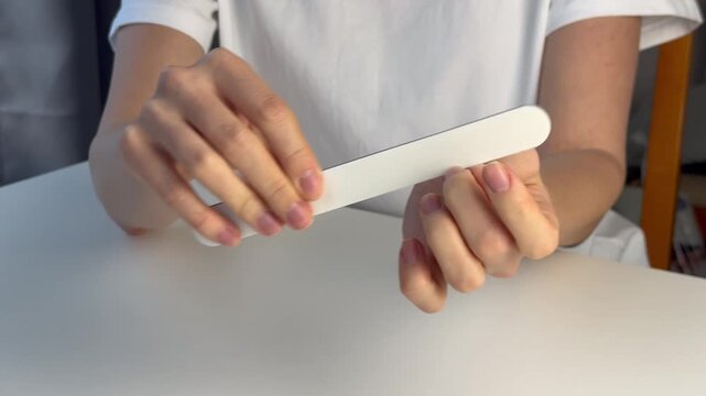 A European woman sits at a table and files her nails. Home beauty treatments. Self-care. Medium shot. Home manicure.