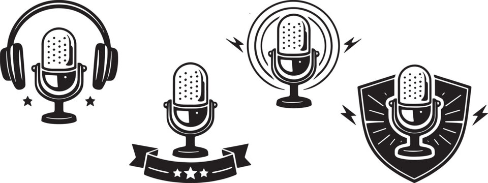 Podcast microphone logo set with headphones, badge, ribbon and broadcast waves vintage vector icons