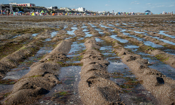 relieve que deja la marea cuando se retira y deja la arena de la playa en lineas paralelas , con el fondo de la ciudad