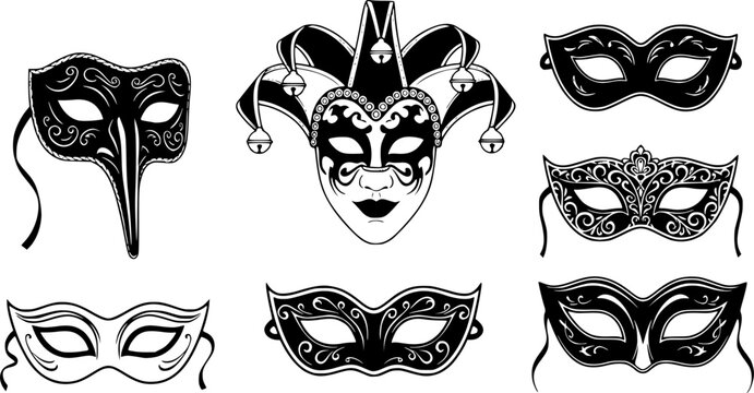 set of masquerade silhouette line art vector illustration with a white background

