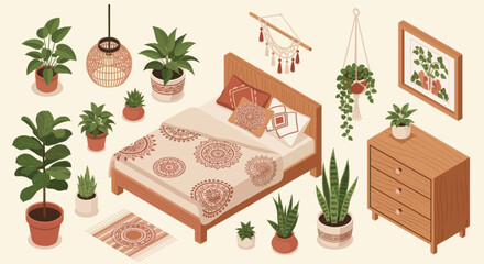 Cozy isometric bedroom featuring a bed with mandala pattern bedding, various potted plants, and bohemian style decorations. Ideal for home decor or interior design concepts.