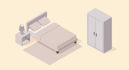 A simple isometric illustration showing bedroom furniture. Includes a bed, nightstand, lamp and wardrobe. Ideal for use in designs depicting home interiors, layouts, or room planning.