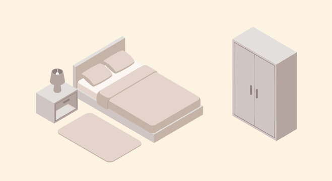 Clean isometric illustration of a bedroom with a bed, bedside table, lamp, rug, and wardrobe. Great for designs about home decor, 3D illustration, or graphic design concepts.