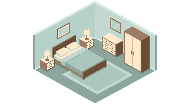 Isometric illustration of a bedroom with a double bed, bedside tables, lamps, dresser, wardrobe and a rug. Light and airy, useful for architecture and interior design projects.