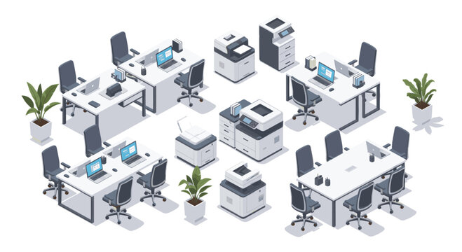Isometric illustration of a modern office with desks, chairs, laptops, printers, and plants. Ideal for depicting workspace solutions, office design, or remote work concepts.
