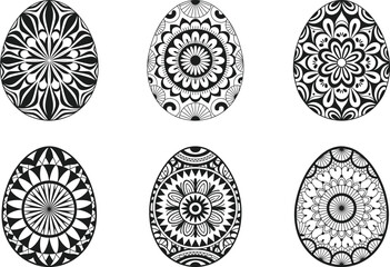 Monochrome Egg Mandala Silhouette Set with Ornamental Floral Pattern Vector