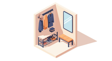 Obraz premium Clean, minimalist isometric illustration of an entryway with a shoe rack, coat rack, mirror, and bench. Ideal for interior design, real estate, or organization content.