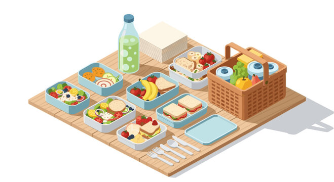 Isometric vector illustration of a picnic basket and several bento boxes filled with nutritious meals, ideal for healthy lifestyle and food blog content.