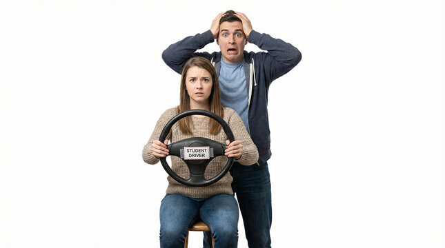 Young scared couple simulating driving a car, where the woman holds the steering wheel and the man clutches his head in fear, isolated on white background