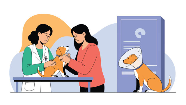 Compassionate veterinarian examines a small puppy while the concerned owner assists during a checkup at a modern clinic.