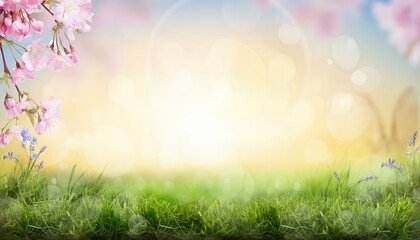 Obraz premium Easter Spring Awakening: A serene landscape, blooming with life, where soft, pastel colors blend in a harmonious display of nature's beauty. Blossoming flowers, lush green grass.