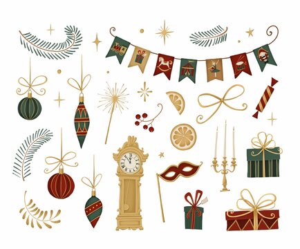 New Year's set of illustrations on a white background. Christmas decorations, garland of flags, gifts, watches, candlesticks, masquerade mask.