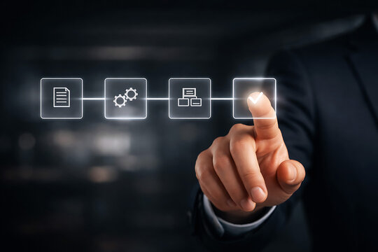 Businessman hand touching workflow process icons technology