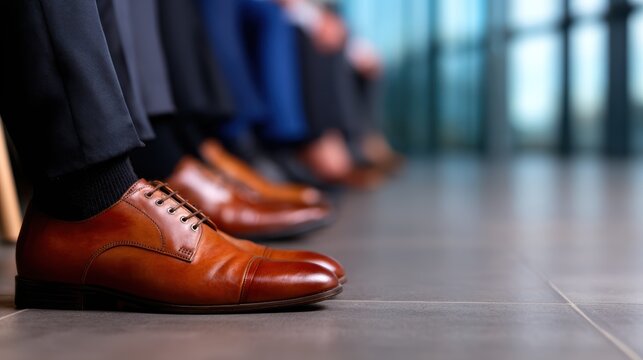 A row of polished brown business shoes in a waiting room, symbolizing professionalism and readiness, while hinting at the anticipation of important meetings.