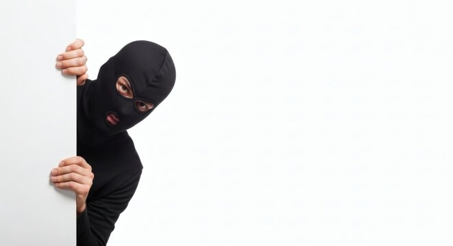 Masked Intruder Peeking Around Corner Security Risk.