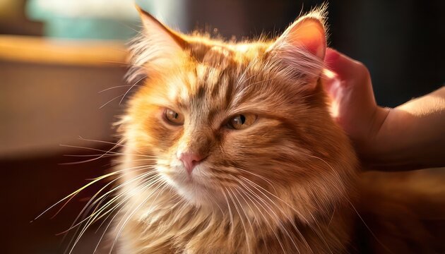 Ginger cat enjoying a gentle head pat from owner.