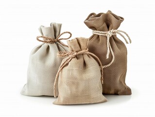 Bags made of fabric are tied securely and placed together on a white surface for display