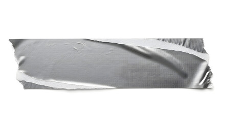 Fototapeta premium A single piece of silver-grey duct tape with torn edges and wrinkles, isolated on a white background, ready for use.