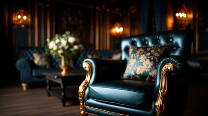 Obraz premium This image captures a vintage leather armchair with golden ornate details, complemented by a floral arrangement in the background, exemplifying elegance and comfort in design.