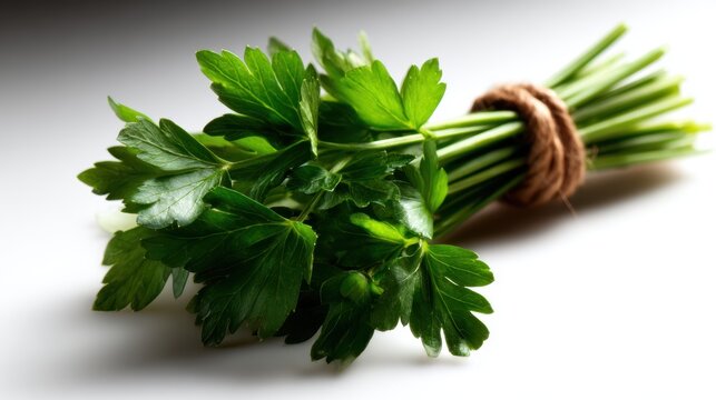 A vibrant bunch of fresh parsley neatly tied with string, showcasing its rich green color, emphasizing the natural beauty and healthfulness of fresh herbs.