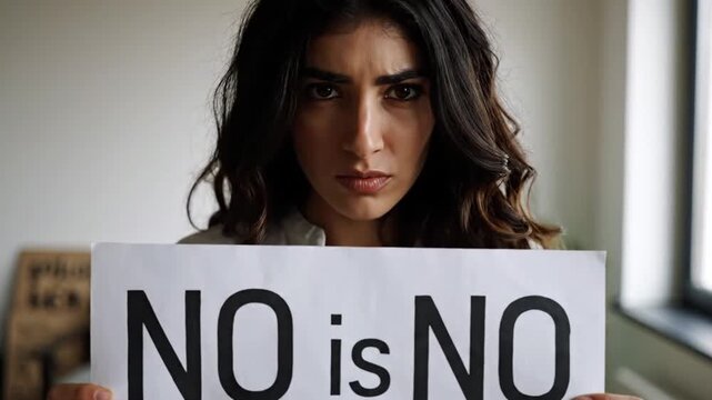 Brave Woman with a Bruised Face Holds a NO is NO Sign.