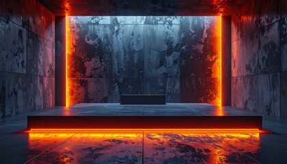 Fototapeta premium Futuristic Stage with Neon Lights and Concrete Walls.