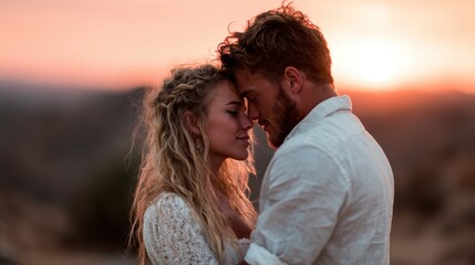 Fototapeta premium A romantic couple shares an intimate moment, forehead to forehead, silhouetted against a breathtaking sunset, representing love, connection, and shared experiences.