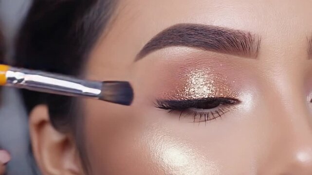 Close up of woman applying shimmering gold eyeshadow with a fluffy makeup brush creating a glamorous eye look beauty tutorials fashion and cosmetic advertising