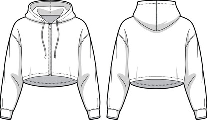 Cropped hoodie CAD sketch with drawstring hood, front zipper, long sleeves, cuffs and curved hem, vector fashion template views © Samiul