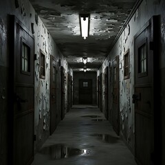Obraz premium Creepy Asylum Hallway - A Descent into Darkness and Decay.