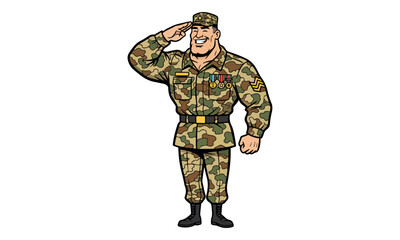 Soldier Saluting in Camouflage Uniform Mascot Vector Illustration