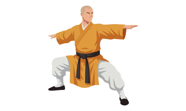 Shaolin Monk in Kung Fu Horse Stance Isolated Vector Illustration