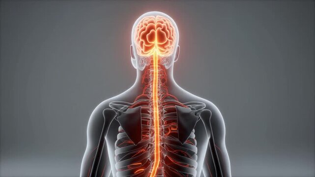 Human nervous system anatomy brain spinal cord nerve pathways glowing orange medical visualization