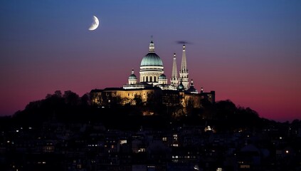 Obraz premium A stunning view of St. Stephen's Basilica at dusk with the crescent moon shining brightly in the evening sky